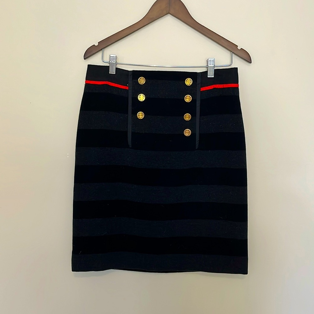 Per Se‎ Lined Wool Skirt Black Gray Striped Gold Button Detail Career Office